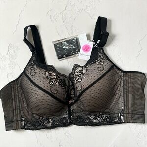 Fallsweet Black Lace Mesh Bra 44D Wireless Full Coverage Bralette NWT